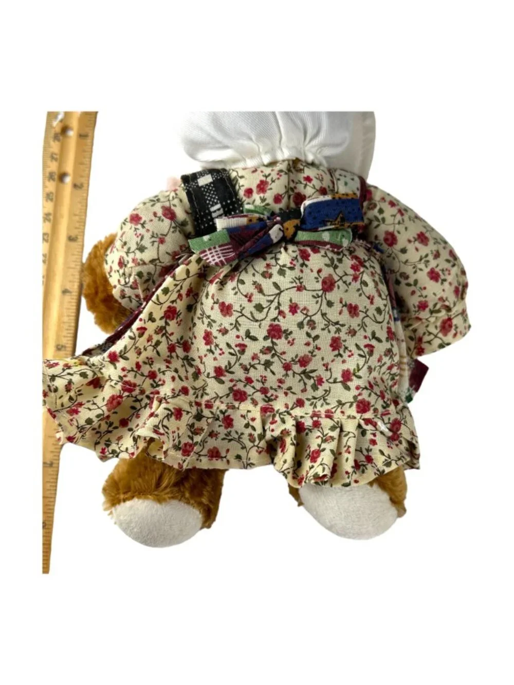 Stuffed Animal Plushland Brown Teddy Bear Dressed In Floral & Patchwork Dress Ho